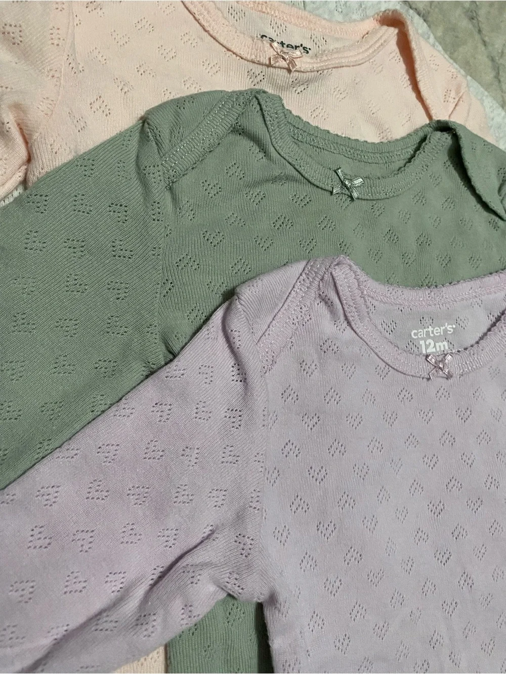 Carter's Three-Pack Baby Girl Bodysuits in Pink, Purple & Green 12 Month
